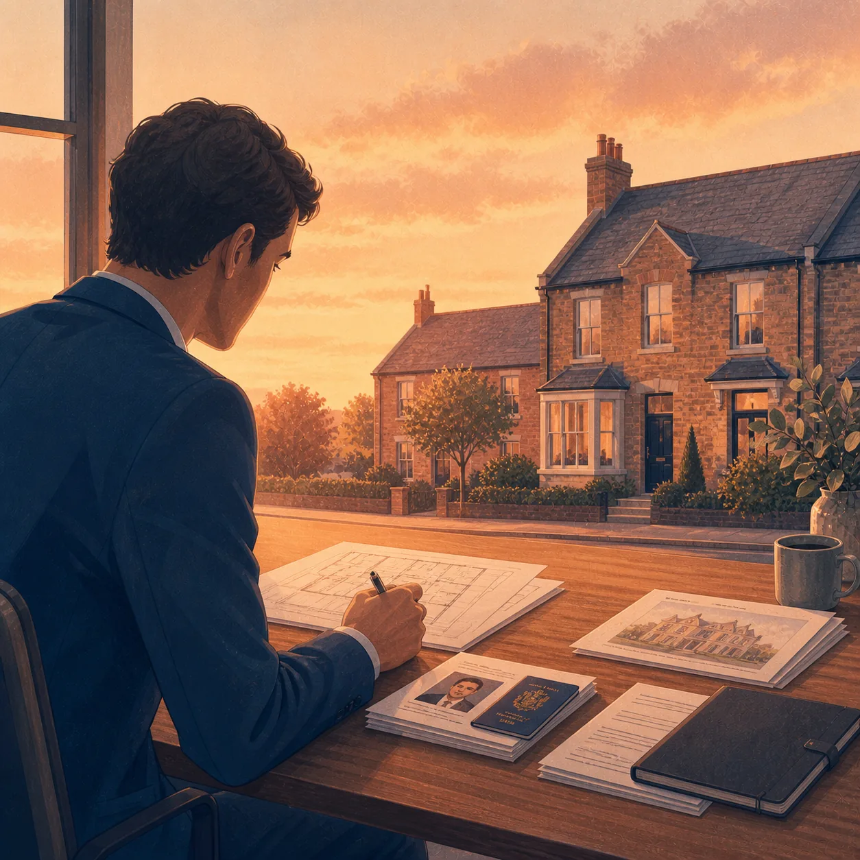 Bridging Finance Documents Checklist Editorial illustration for Bridging Finance Documents Checklist, showing a UK property finance scenario.