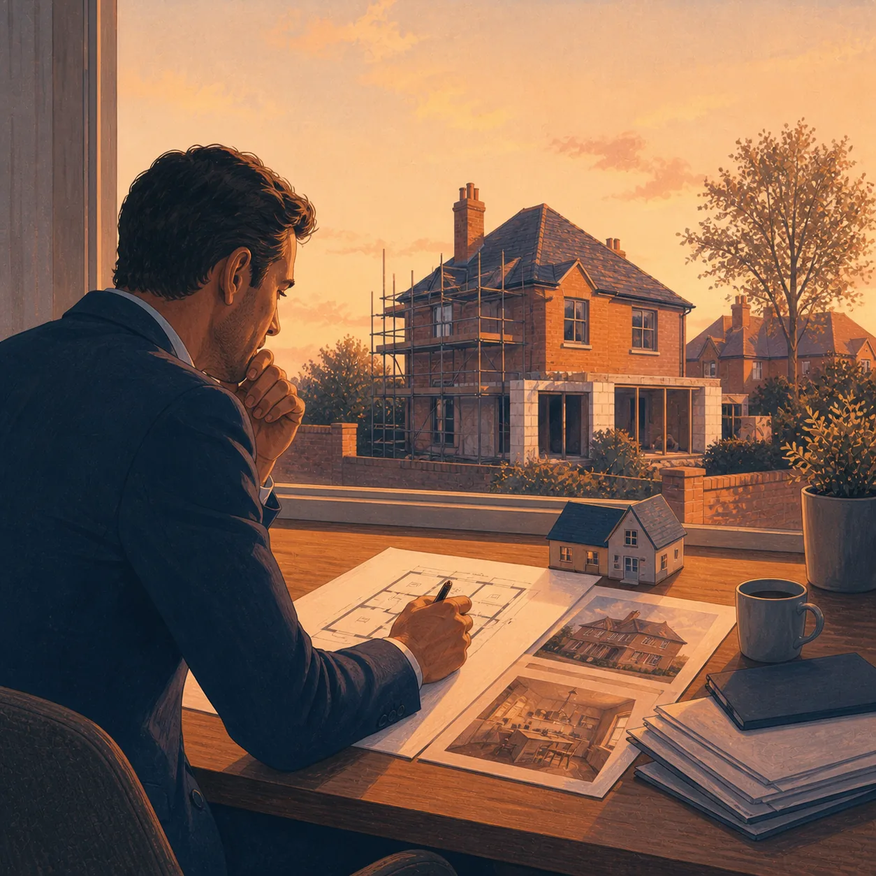 Bridging Loan Application Review Editorial illustration for Bridging Loan Application Review, showing a UK property finance scenario.
