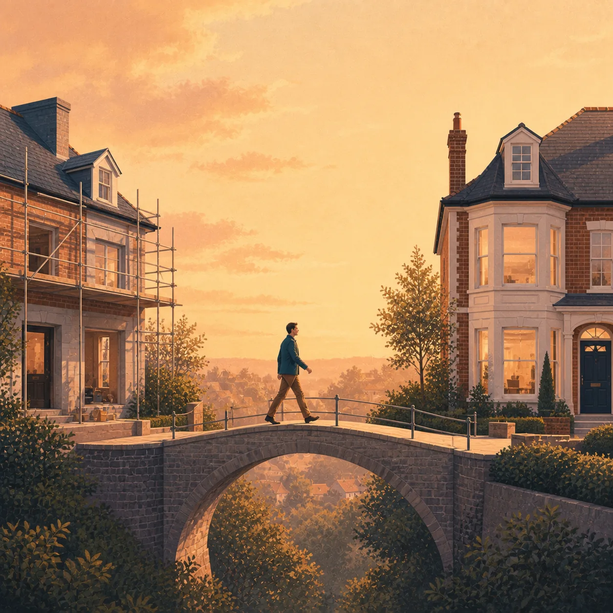 Bridging Loan Exit Strategy Editorial illustration for Bridging Loan Exit Strategy, showing a UK property finance scenario.