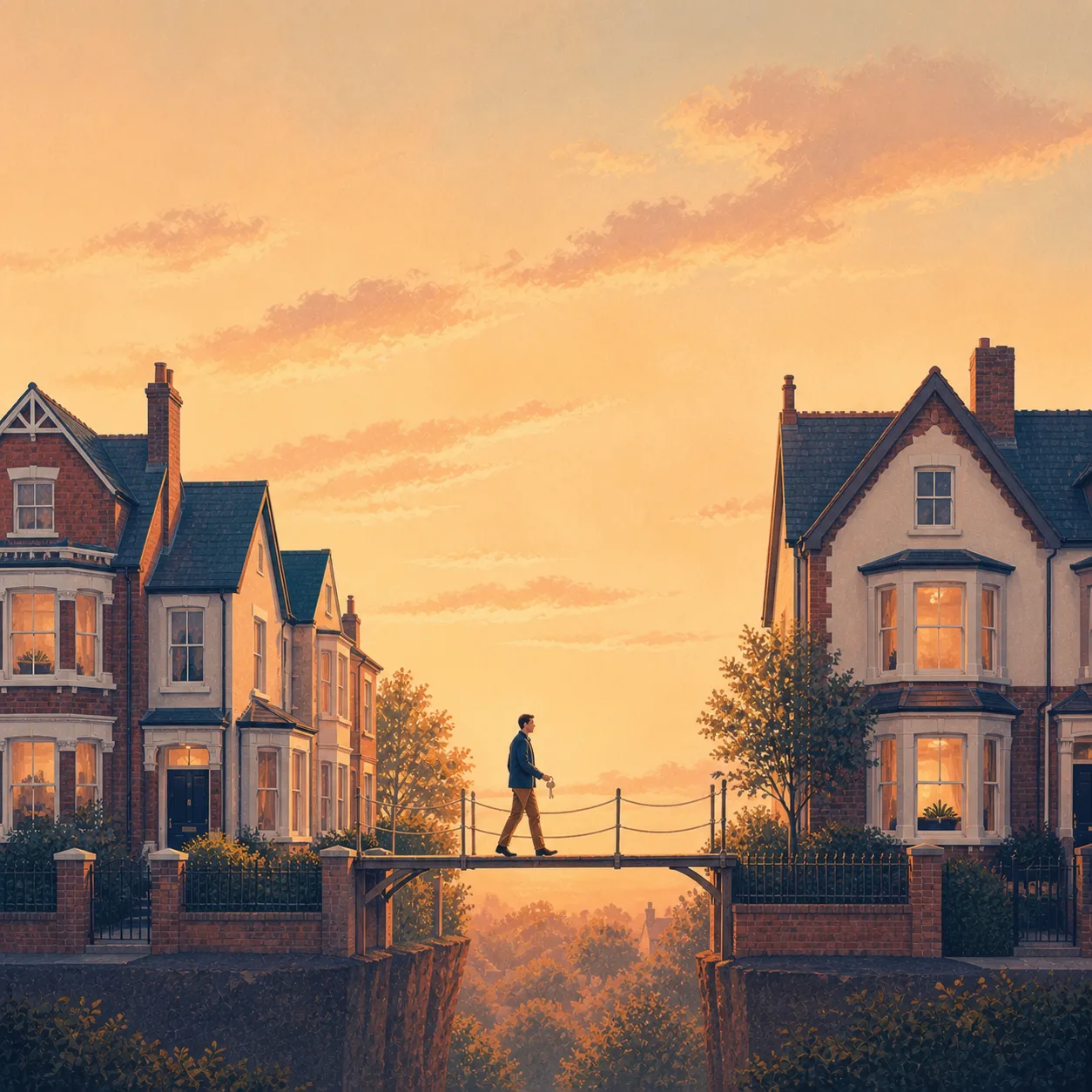 Bridging Loan for a Property Chain Break Editorial illustration for Bridging Loan for a Property Chain Break, showing a UK property finance scenario.