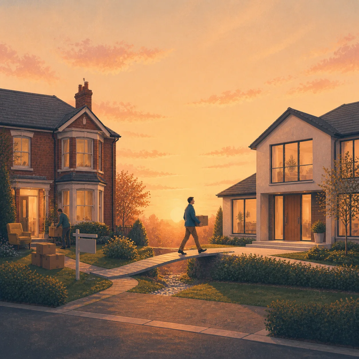 Bridging Loan to Buy Before Selling Editorial illustration for Bridging Loan to Buy Before Selling, showing a UK property finance scenario.