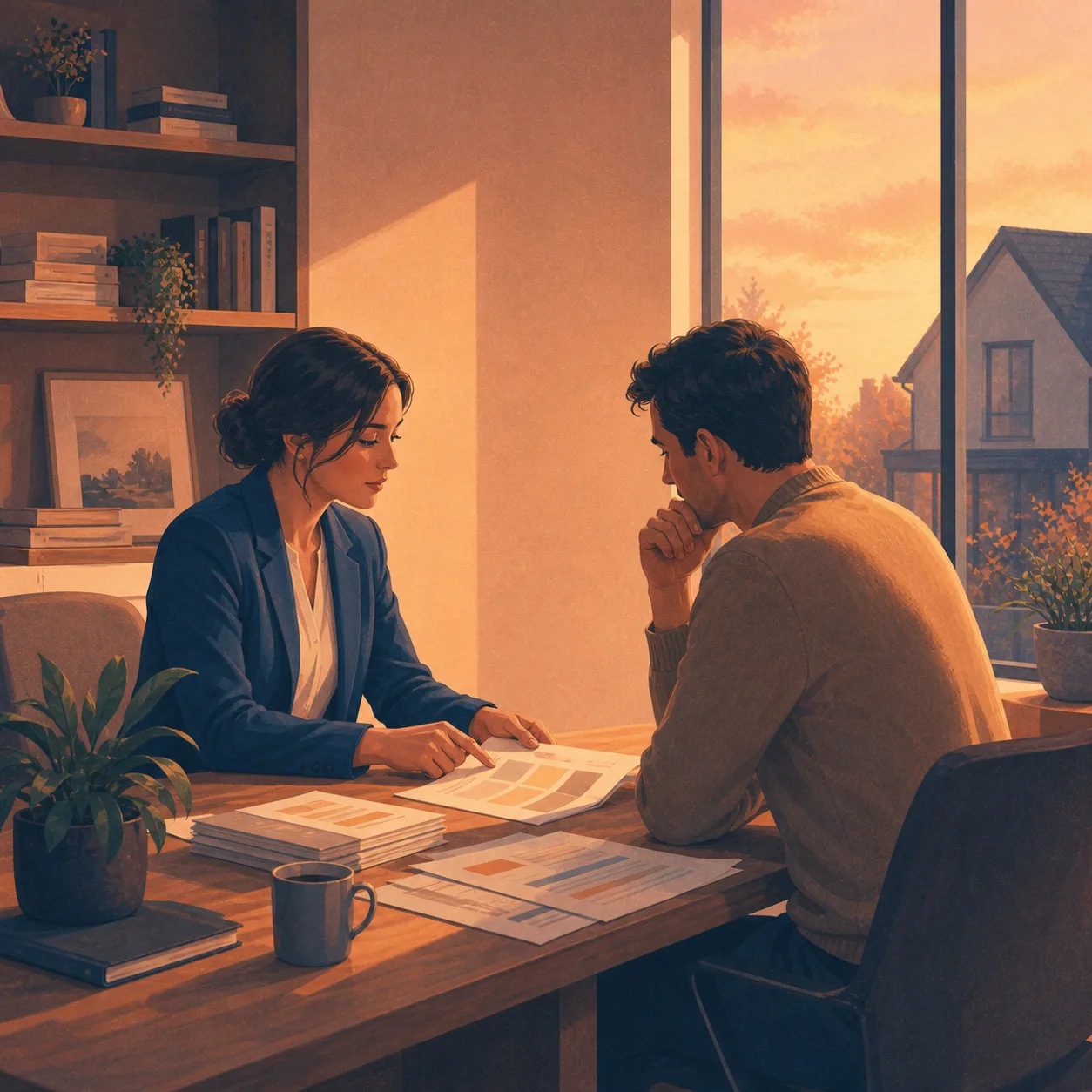 Complex Income Mortgage Broker Editorial illustration for Complex Income Mortgage Broker, showing a UK property finance scenario.