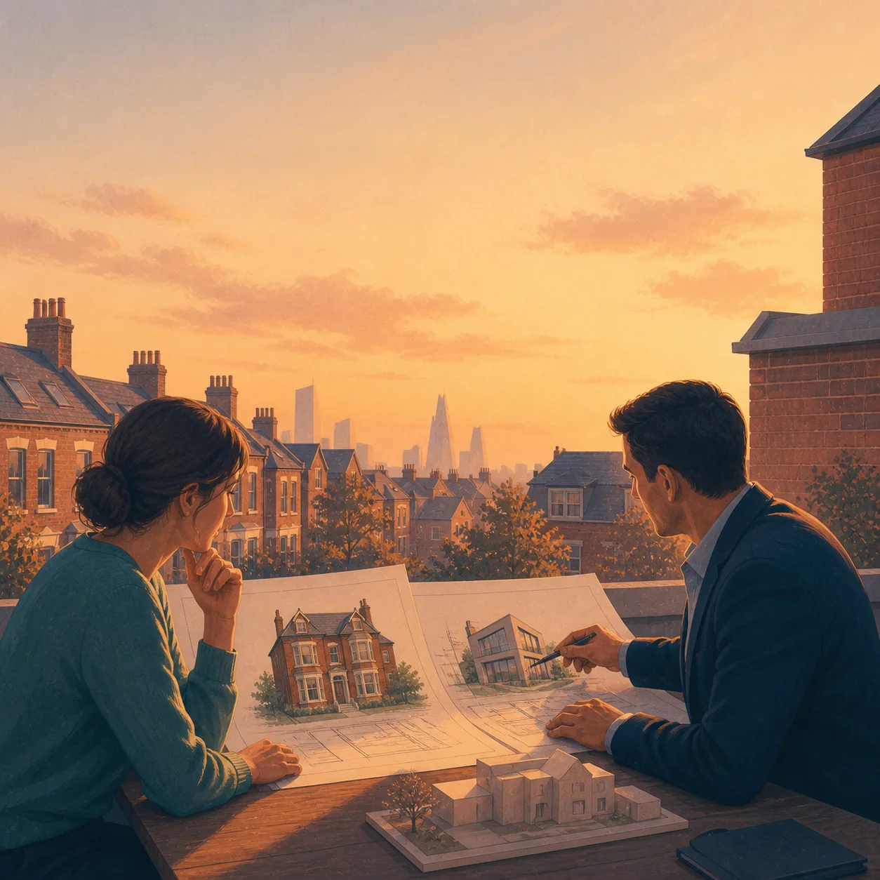 Development Finance Broker Editorial illustration for Development Finance Broker, showing a UK property finance scenario.