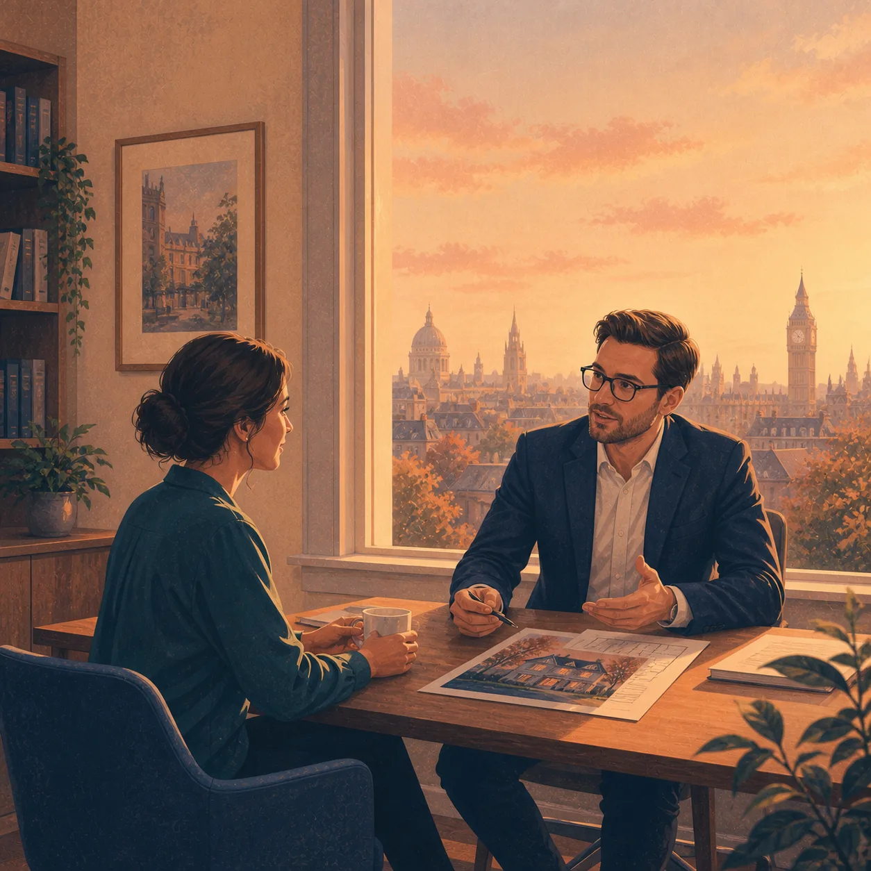 Expat Mortgage Broker Editorial illustration for Expat Mortgage Broker, showing a UK property finance scenario.