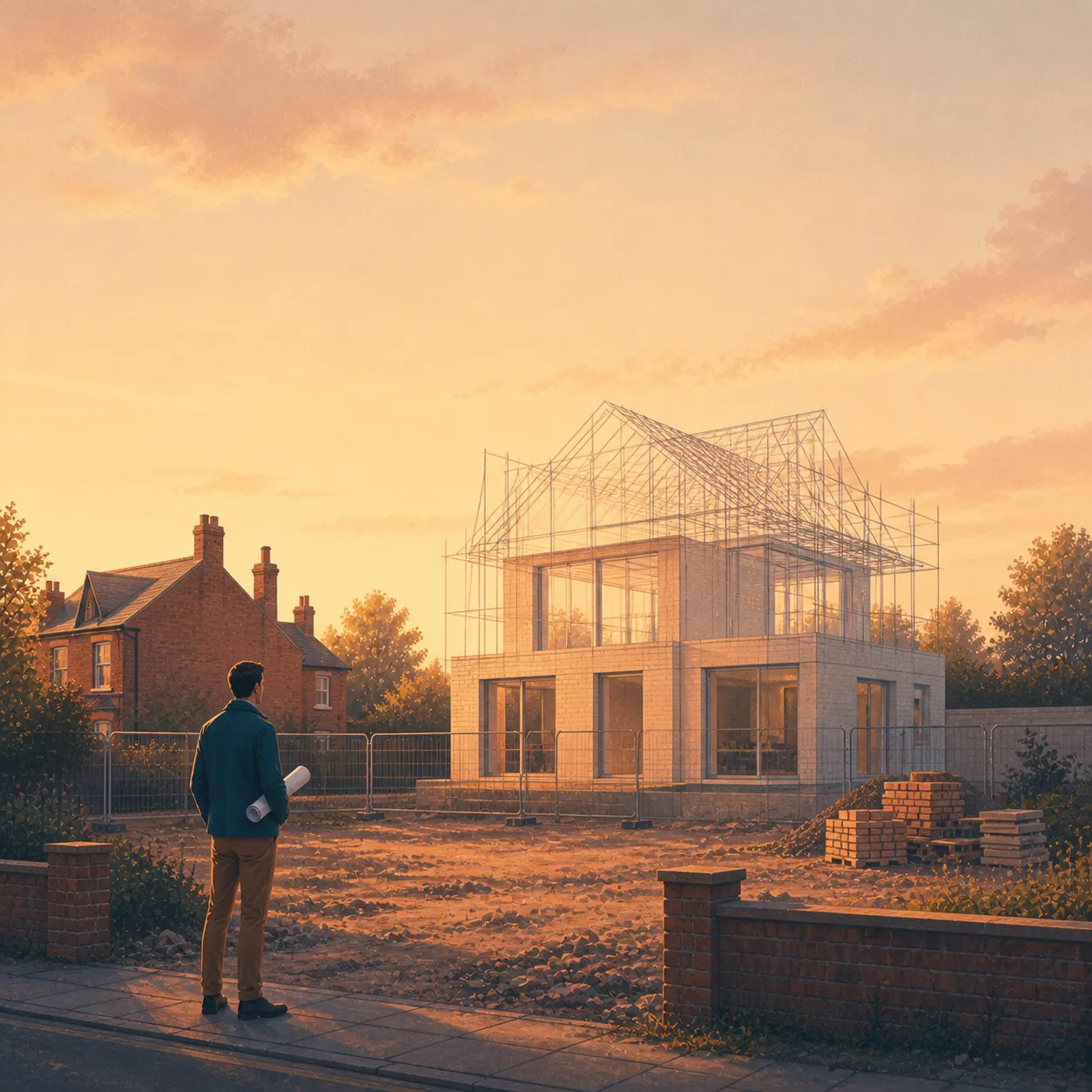 Ground Up Development Finance Editorial illustration for Ground Up Development Finance, showing a UK property finance scenario.