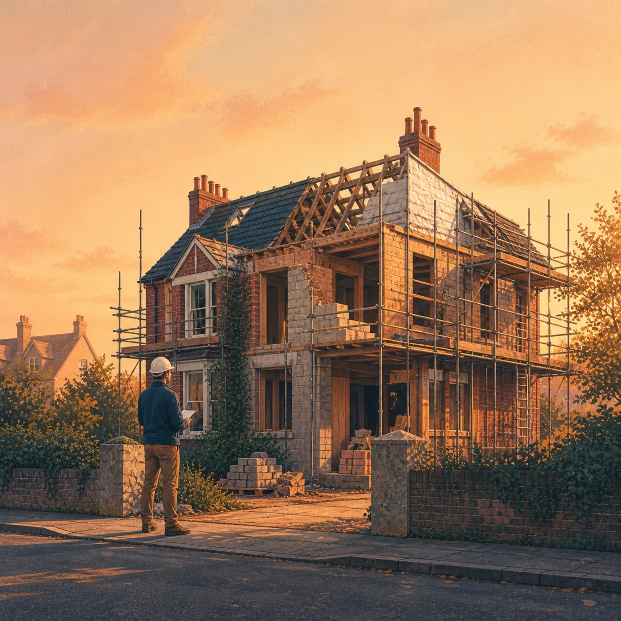 Heavy Refurbishment Finance Editorial illustration for Heavy Refurbishment Finance, showing a UK property finance scenario.