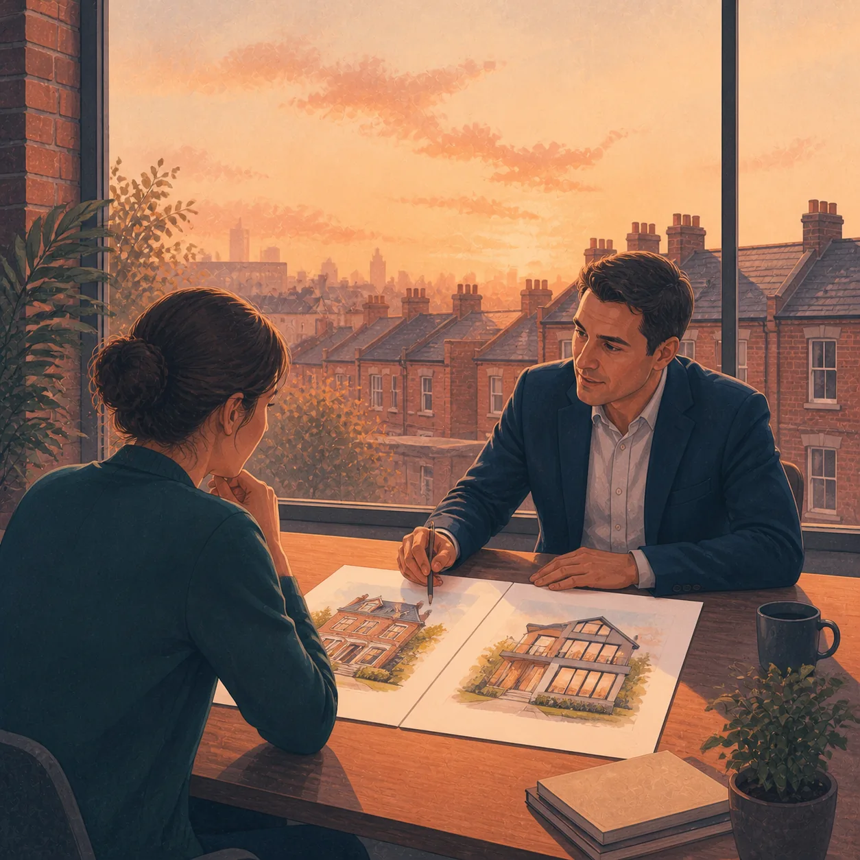 How to Choose a Bridging Loan Broker Editorial illustration for How to Choose a Bridging Loan Broker, showing a UK property finance scenario.