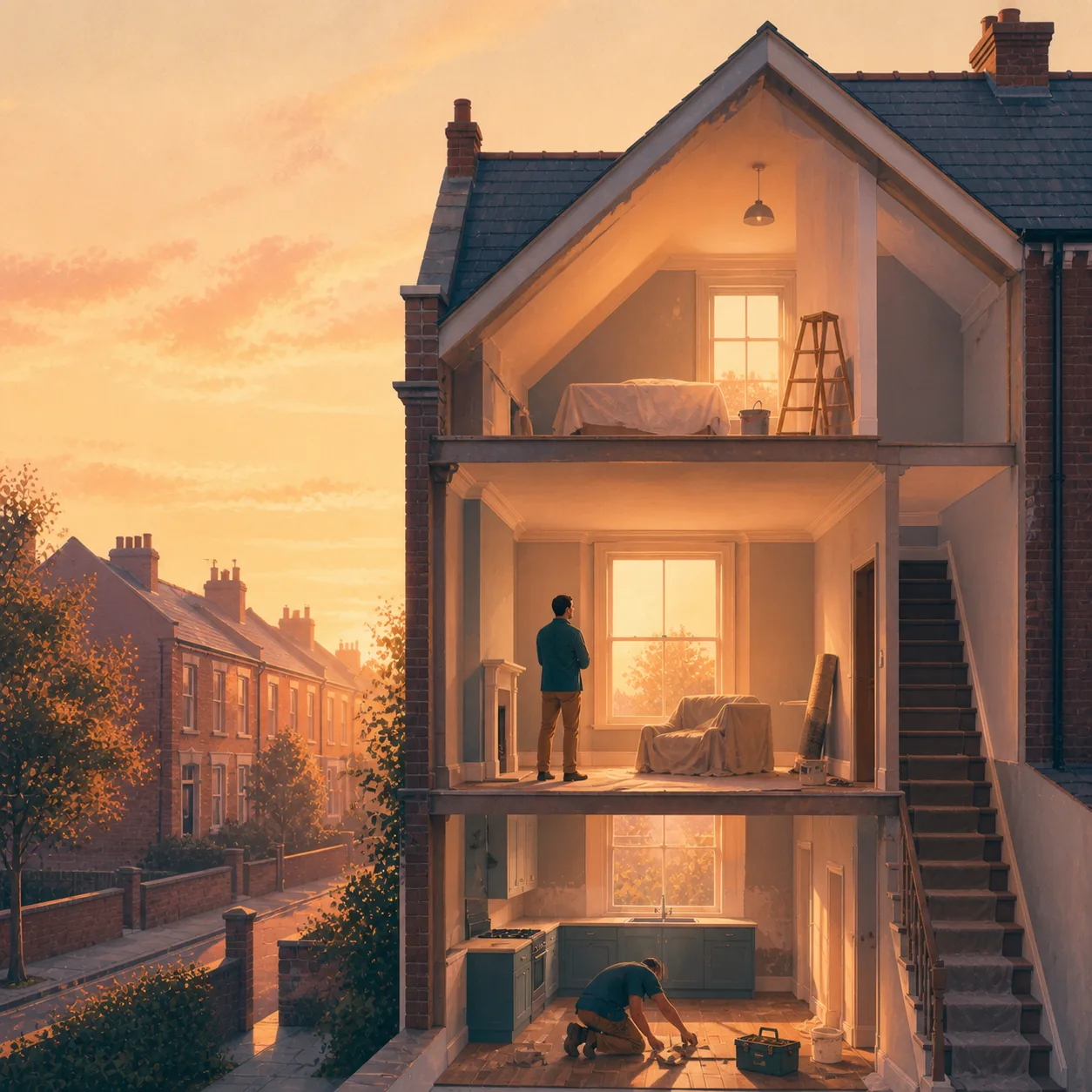 Light Refurbishment Bridging Loan Editorial illustration for Light Refurbishment Bridging Loan, showing a UK property finance scenario.