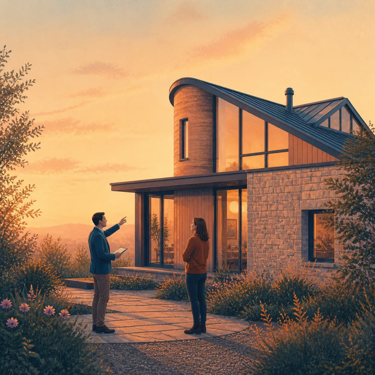 Mortgage On Non Standard Construction Editorial illustration for Mortgage On Non Standard Construction, showing a UK property finance scenario.