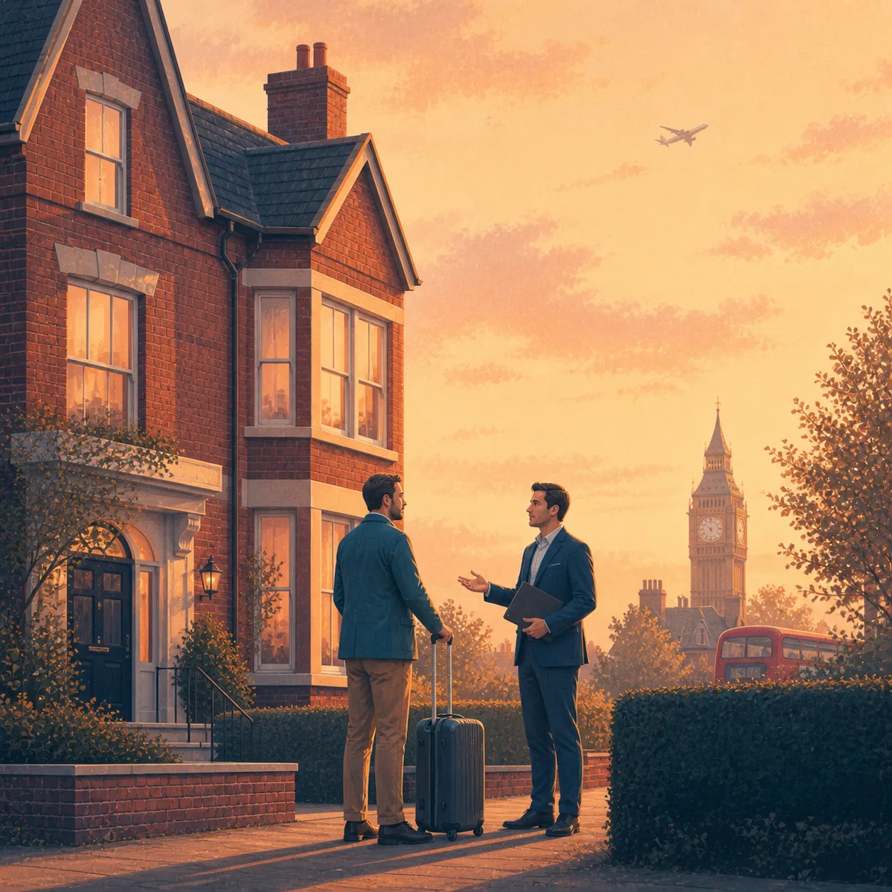 Non Resident Buy To Let Mortgage Broker Editorial illustration for Non Resident Buy To Let Mortgage Broker, showing a UK property finance scenario.