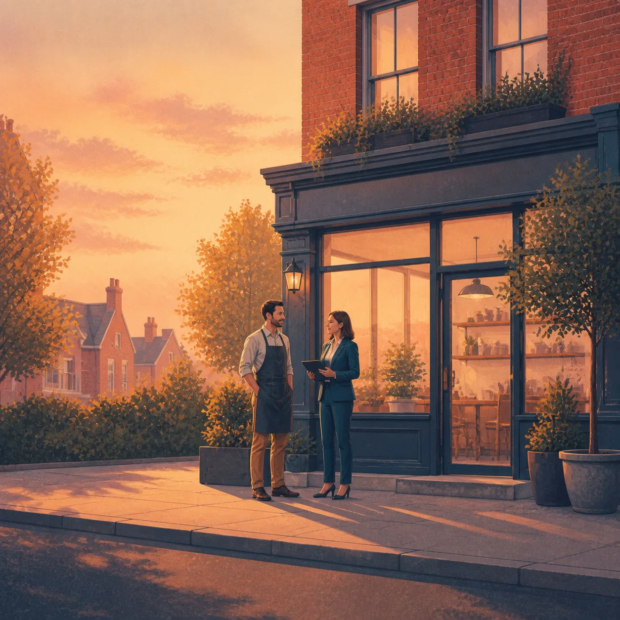 Owner Occupied Commercial Mortgage Editorial illustration for Owner Occupied Commercial Mortgage, showing a UK property finance scenario.