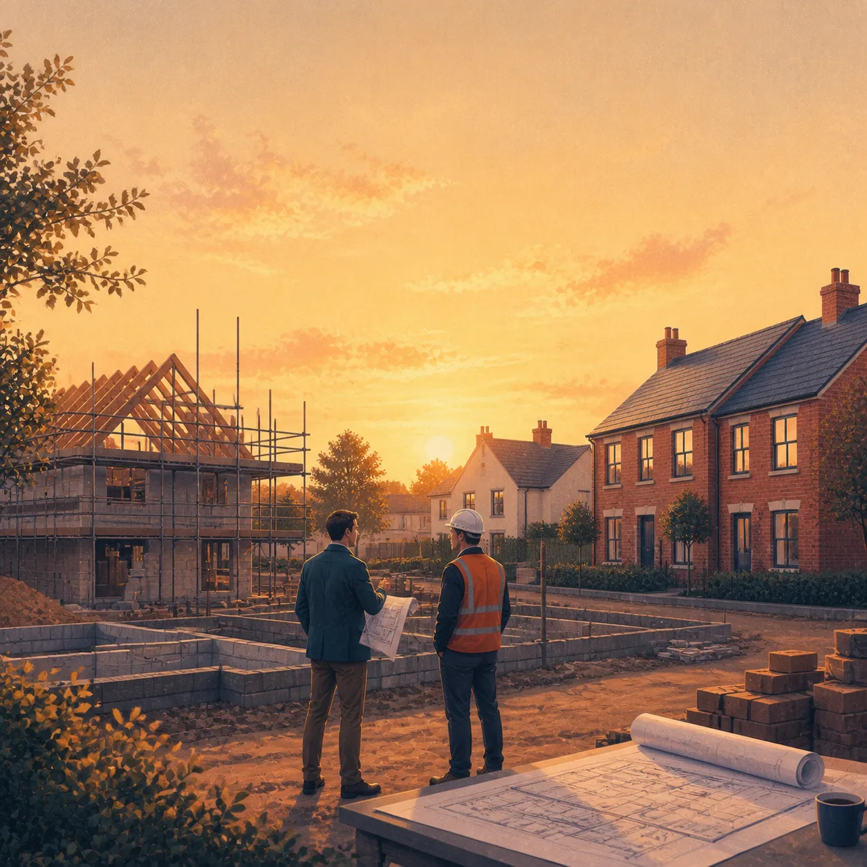 Property Development Finance Editorial illustration for Property Development Finance, showing a UK property finance scenario.