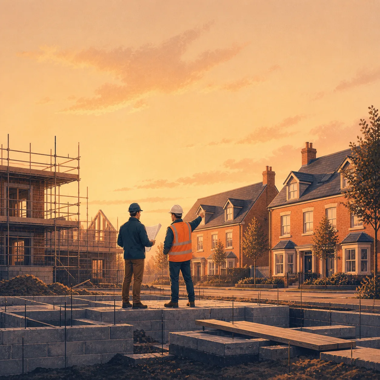 Residential Development Finance Editorial illustration for Residential Development Finance, showing a UK property finance scenario.