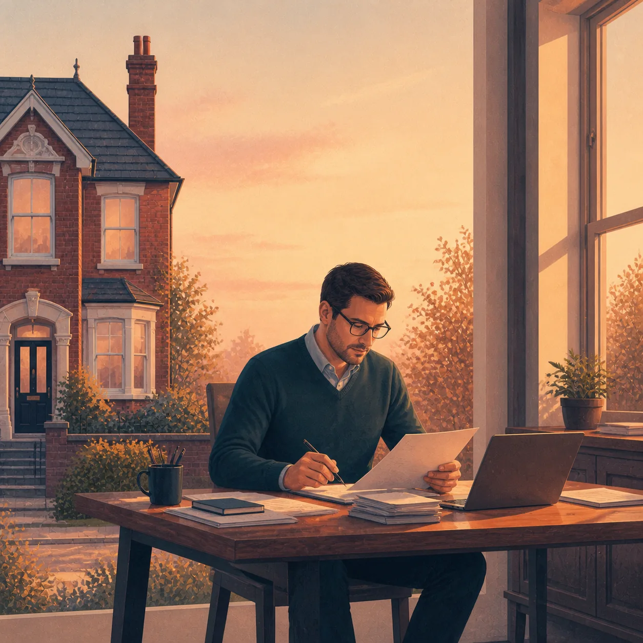Self Employed Mortgage Broker Editorial illustration for Self Employed Mortgage Broker, showing a UK property finance scenario.