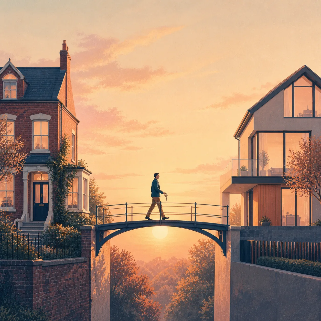 What Is a Bridging Loan? Editorial illustration for What Is a Bridging Loan?, showing a UK property finance scenario.